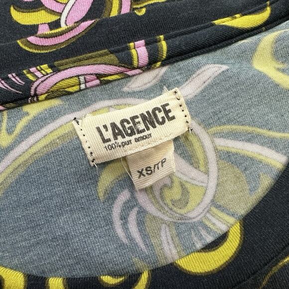 L'Agence Ressi Top Blue Olive Abstract Scarf Print Stretch Knit Blouse Size XS - Picture 8 of 10